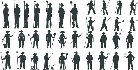 A collection of silhouettes of farmers or ranchers hoeing and wearing different style hats. Suitable for agricultural, plantation and livestock design elements.