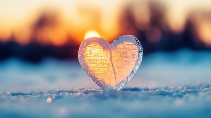 Fototapeta premium A heart shaped ice sculpture shines warmly in a snowy landscape as the sun sets, creating a serene and enchanting winter atmosphere