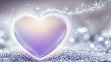 Obraz premium Glowing purple heart shape radiates soft light and sparkling dust for romantic holiday advertising backgrounds.