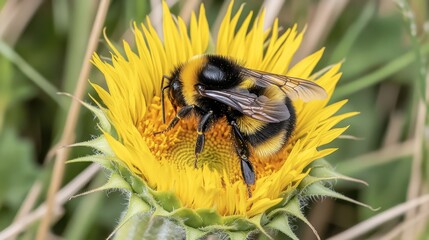 Bumblebee on Bright Sunflower Petals