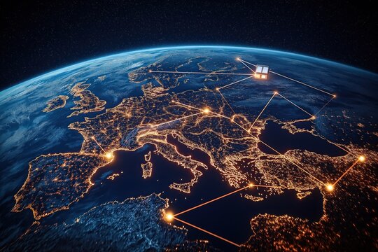 Satellite network connecting Europe. Global tech infrastructure. Satellite in low earth orbit. Light beams connect cities. Night view of Europe. Tech innovation. Global communication. Space tech.