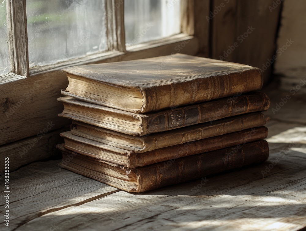 Poster serene vintage book stack on rustic wooden surface bathed in soft light