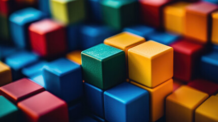 Obraz premium Colorful building blocks stacked together create vibrant and playful scene, inviting creativity and imagination. Perfect for educational or artistic themes