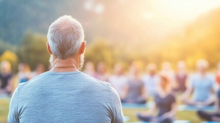 A group of participants in a yoga class engages in meditation led by an instructor in a serene outdoor setting around sunset
