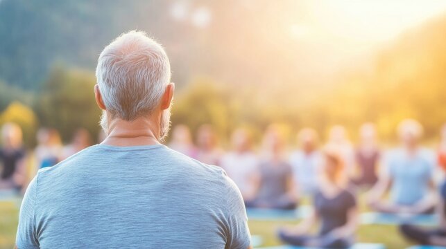 A group of participants in a yoga class engages in meditation led by an instructor in a serene outdoor setting around sunset