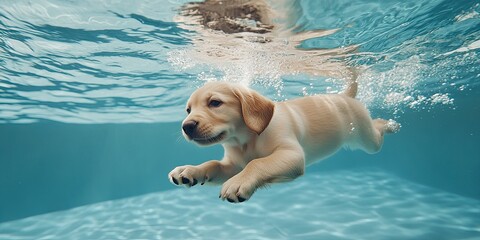 Underwater photo of golden labrador retriever puppy in outdoor swimming pool play with fun - jumping and diving deep down. Activities and games with family pets and popular dog on summer holiday.