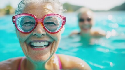 Fototapeta premium Happy seniors swim and socialize in a bright outdoor pool, showcasing joy and companionship on a beautiful sunny day