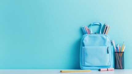 Light blue backpack with stationery supplies on classroom desk, perfect for back-to-school or educational themes, space for text for customization