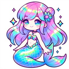 Cute Holographic Cartoon of Mermaid Girl