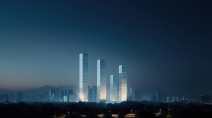 Bangalore city skyline glows at night. Modern skyscrapers stand tall against twilight sky. Lights illuminate city buildings. Urban landscape stretches out below. Misty atmosphere envelops horizon.