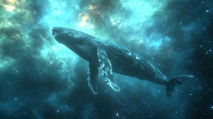 A humpback whale swims peacefully in a dazzling cosmic environment filled with colorful gas clouds and distant stars