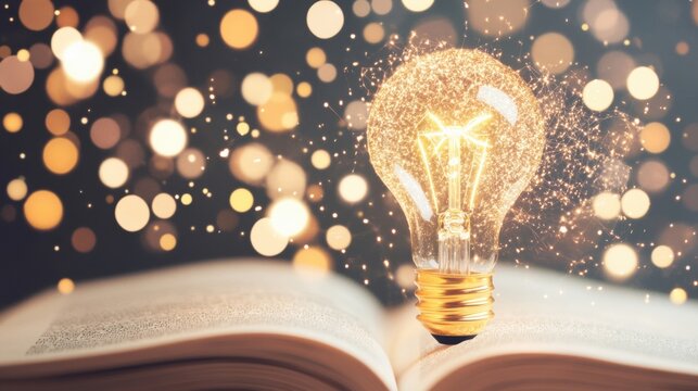 A glowing light bulb rises above an open book, symbolizing the fusion of creativity and knowledge, evoking thought and inspiration