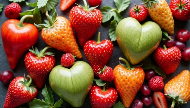 Colorful arrangement of heart-shaped fruits, including strawberries and apples, on a dark background
