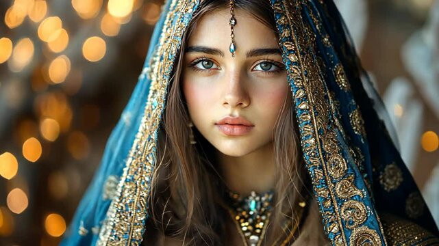 close up ancient tribal Gypsy princess portrait, woman wearing ornate robe with gold jewelry