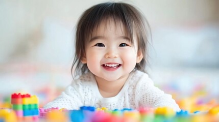 A joyful toddler plays on the floor surrounded by vibrant building blocks, showcasing imagination and creativity in a cozy room