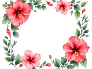 Vibrant watercolor illustration of a hibiscus floral frame, creating a bold and tropical feel, perfect for summer designs or invitations.
