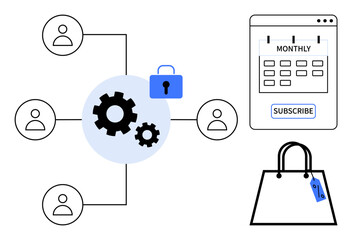 Gear icons connected to user profiles, representing integration calendar labeled monthly with subscribe button shopping bag with price tag. Ideal for subscription services, e-commerce, customer