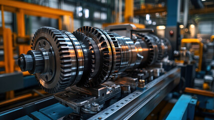 Fototapeta premium Industrial machinery with gears and components in factory setting, showcasing intricate details and metallic textures. environment is well lit, emphasizing machinery precision and engineering