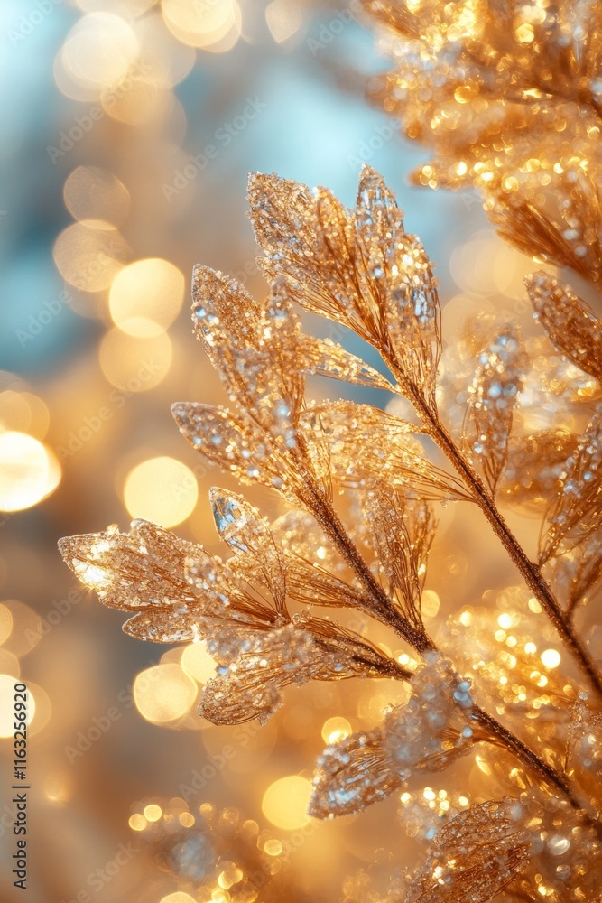 Aufkleber frosty sparkle close-up of glittering branch with warm bokeh