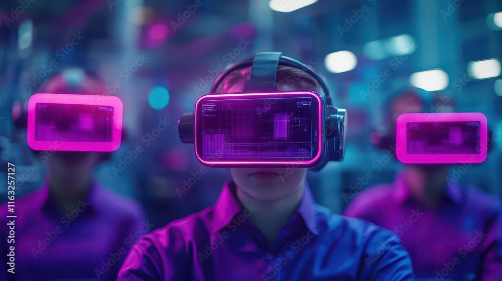 Aufkleber Team using VR headsets to optimize factory workflows, glowing virtual interfaces, industrial setting, cyberpunk style