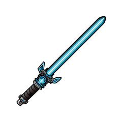 Design a futuristic dual-bladed energy sword, glowing vibrant blue, with intricate metallic detailing and a sleek, ergonomic hilt.  (1) indicates glowing energy blades.