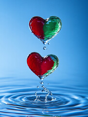 Two red and green heart shapes floating on the water and there are water droplets on them.