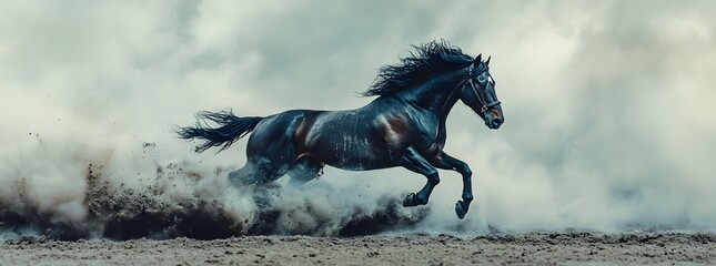 Fototapeta premium Black Stallion Running Through Dust Cloud