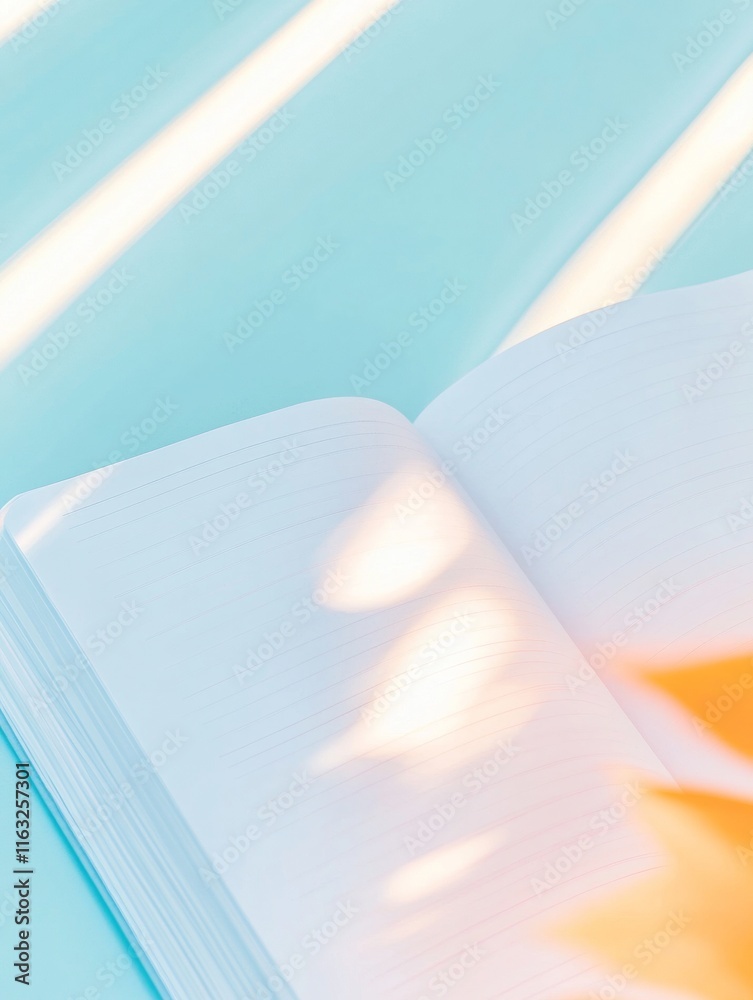 Aufkleber serene study space minimalist pastel notebook with soft light and shadows