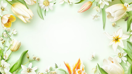 A delicate Easter card with a soft mint green and white gradient background, hand-painted tulips, lilies, and daisies, and a central blank space for personal messages, framed by a light floral border.