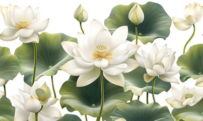 Obraz premium White lotus flowers and green leaves on white background.