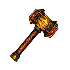 A fantasy dwarven weapon a hammer-sword hybrid, intricately carved with runes, showing metallic sheen and sturdy design.  Detailed texture and lighting.