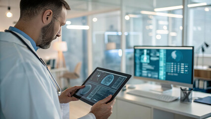 Fototapeta premium doctor analyzing medical data on tablet in modern office environment, showcasing advanced technology and healthcare innovation