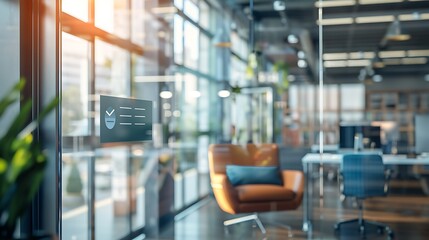 Modern office space with glass walls stylish furniture and sunlight for creating calm productivity inviting atmosphere contemporary work environment and interior design concept.