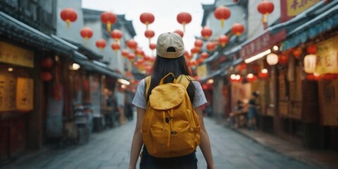 Serene Scene: Young Woman Strolling in Chinese City with Yellow Backpack and Baseball Cap, Surrounded by Shops and Red Lanterns.