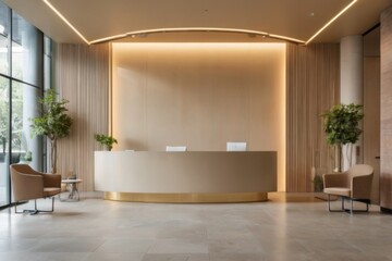 "Modern Office Lobby with Large Window, Light-Colored Tiles, White Reception Desk, Beige Armchairs, and Recessed Lighting"
