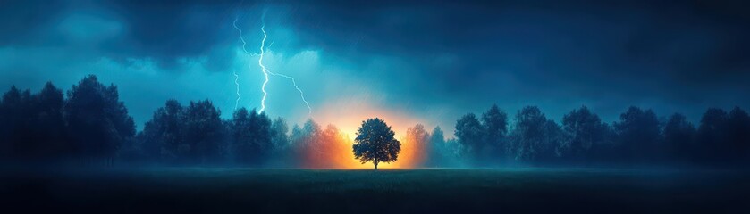 Shadowy grove under a stormy sky with lightning illuminating the trees, dark and moody, dramatic lighting, oil painting style