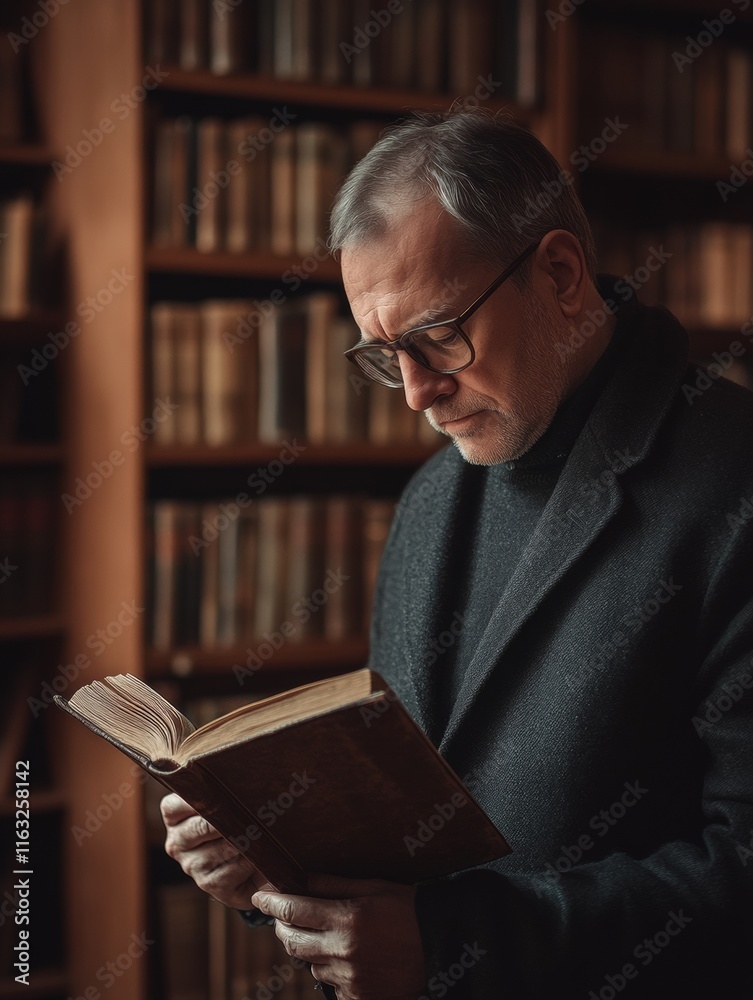 Poster quiet reading minimalist portrait of a man in a library