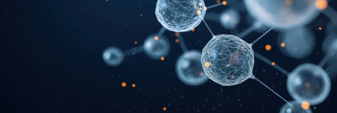 Abstract digital illustration shows chemical compounds floating in digital space. Forming new structures. Visualizes drug discovery process. Image evokes innovation in molecular science. Tech