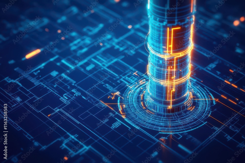Poster reactor cooling tower schematic, glowing blueprint lines over a realistic industrial background, dyn
