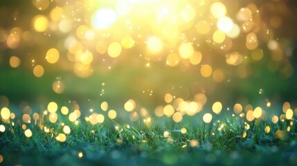 Obraz premium This captivating background features a lush green area adorned with sparkling lights, creating an enchanting twilight ambiance