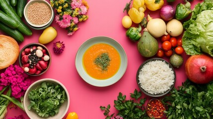 Vibrant Flat Lay of Fresh Fruits, Vegetables, and Herbs on a Pink Background