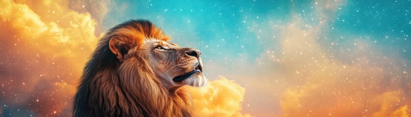Naklejka premium Mythological lion roaring under a celestial sunset, starfilled sky blending with golden clouds, divine and majestic