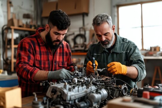 Mechanic teaching an apprentice how to repair a truck engine, warm lighting, cozy workshop setting, realistic photography