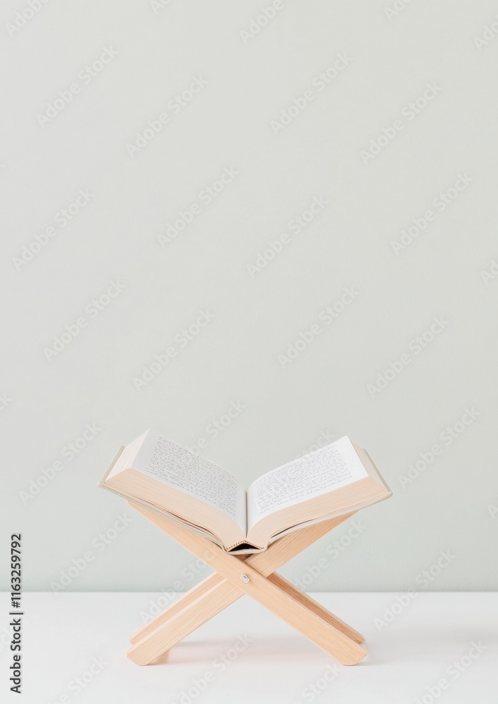 Poster tranquil minimalism open quran resting on wooden stand against soft background