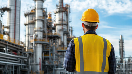 worker in yellow safety vest and helmet observes industrial site, showcasing complex of tall structures and machinery under blue sky