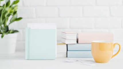 Organized Workspace with Pastel Stationery and Cozy Mug in Soft Lighting