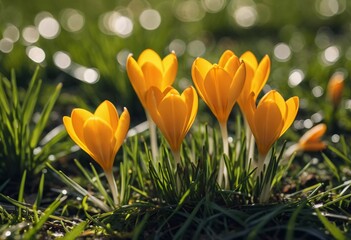 Fototapeta premium Delicate yellow crocus flowers bloom in lush green grass, sunlight in serene spring setting. Nature revival. Saffron Crocus is genus of perennial bulbous herbaceous plants Iris family Iridaceae. AI.
