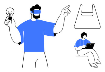 Person using VR headset holding light bulb, another sitting with laptop. Ideal for technology, innovation, remote learning, digital solutions, education, futuristic concepts, work-from-home