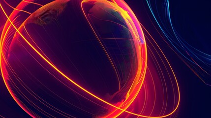 Fototapeta premium Vibrant digital artwork featuring abstract globe encircled by neon trails with intense dynamic colors for showcasing global connectivity energy and futuristic technology concept.