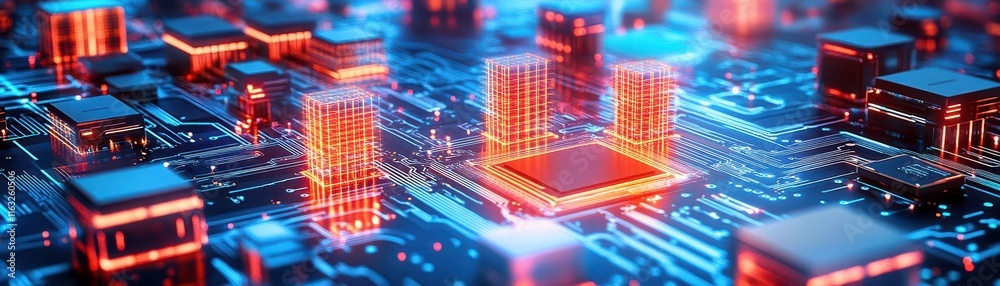 Aufkleber layers of glowing chips forming a technological city, computational power, innovation architecture